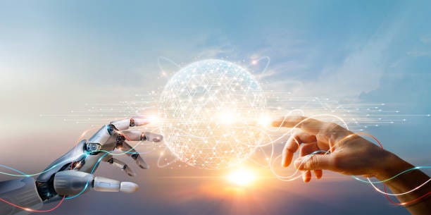 AI, Machine learning, Hands of robot and human touching big data of Global network connection, Internet and digital technology, Science and artificial intelligence digital technologies of futuristic. AI, Machine learning, Hands of robot and human touching big data of Global network connection, Internet and digital technology, Science and artificial intelligence digital technologies of futuristic. AI stock pictures, royalty-free photos & images