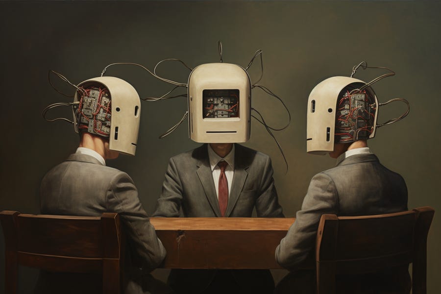 Conceptual illustration of multiple AI agents sitting at a conference table debating, representing multi-agent AI systems that cross-check each other to reduce hallucinations