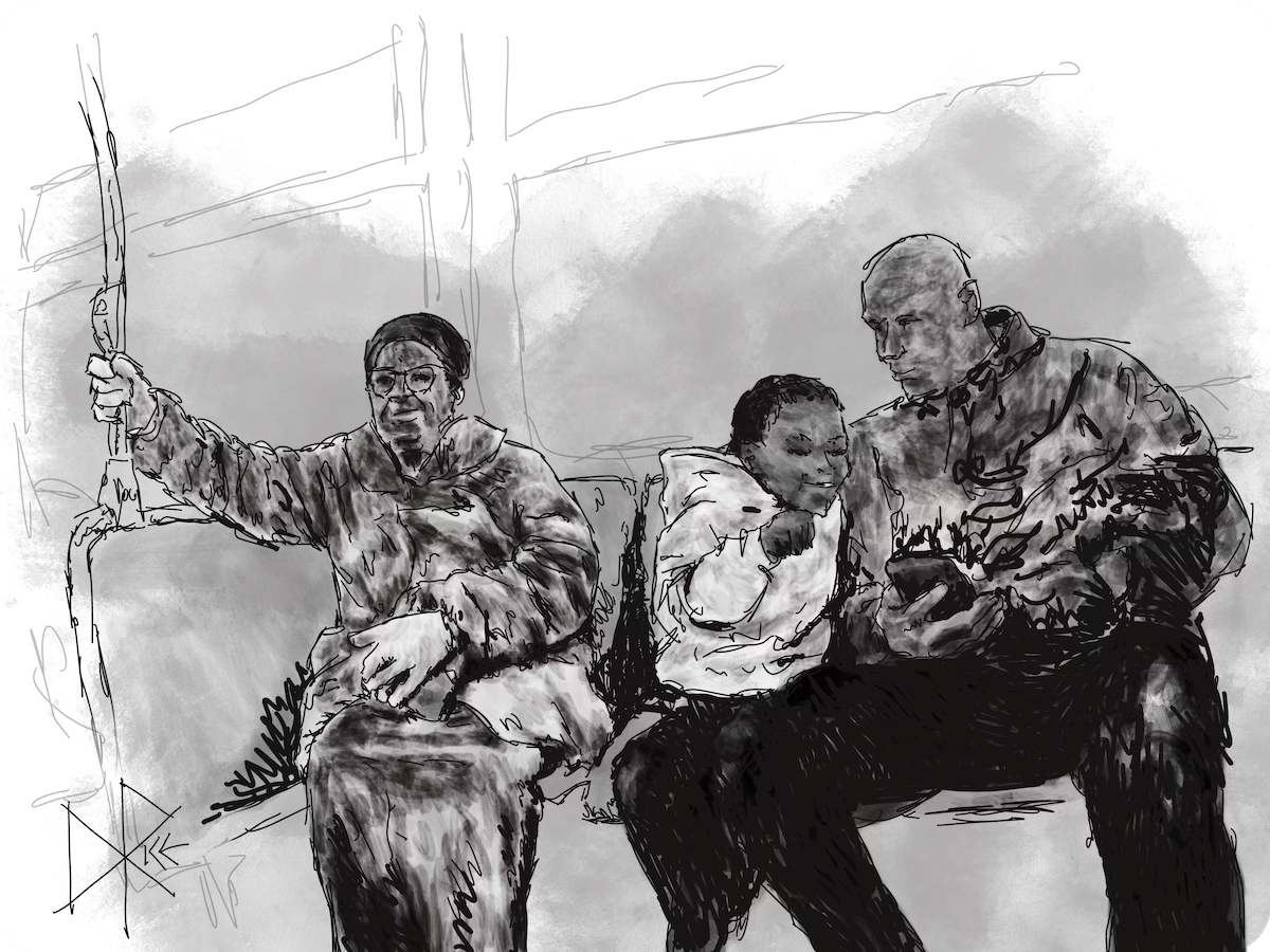 Three generations seated next to each other on a bus. The child looks happily at what is happening on her father’s phone as he holds it in a sharable way on his lap. Dressed more formally, the elder lady looks on approvingly. Sketch art by Don Rice.