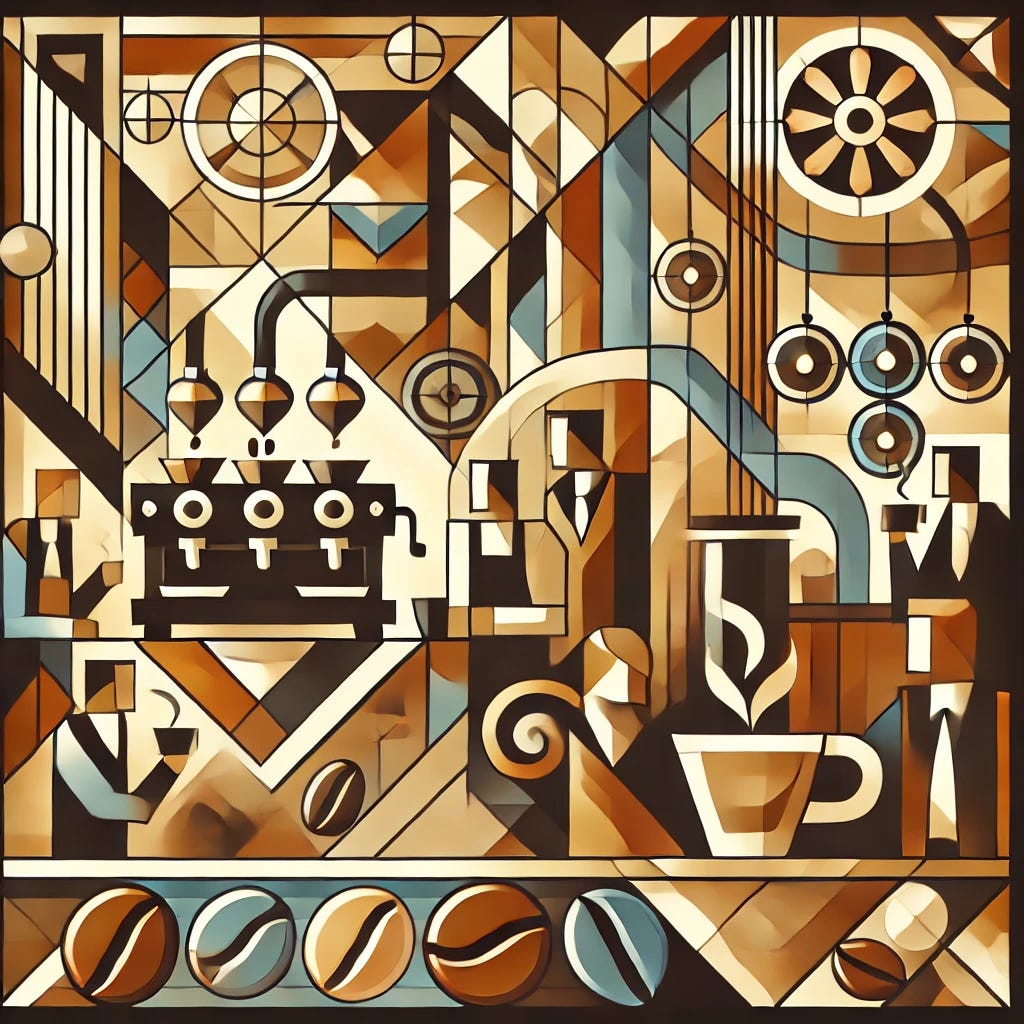 A Cubism Deco-style illustration of a bustling coffeehouse scene. The composition features geometric shapes and bold angular lines, depicting baristas brewing coffee, customers enjoying their drinks, and coffee beans flowing through an abstract supply chain from farmers to consumers. The color palette includes rich browns, deep blacks, and vibrant golds, capturing the warmth and elegance of coffee culture. The background showcases a stylized cityscape blending seamlessly into the café interior, representing the global economic connections of coffee.