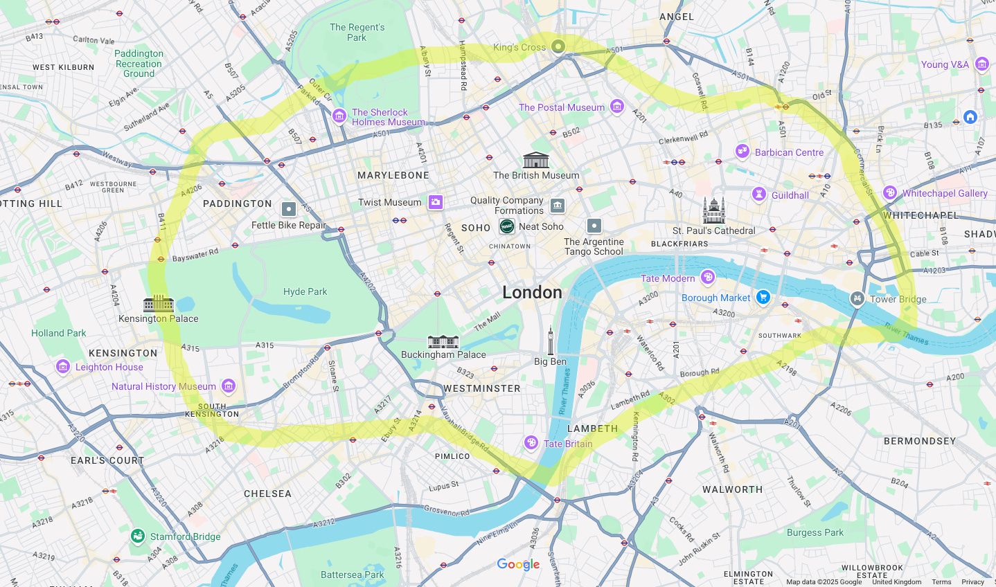 another annotated google map - this one with a ring of yellow highlighter stretching from Kensington Palace to the Tower and Tate Britain to Kings Cross