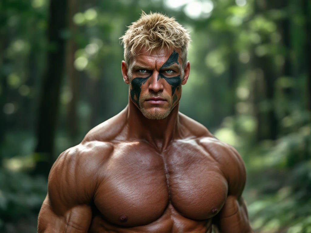 Young Dolph Lundgren shirtless with camouflage paint on face 