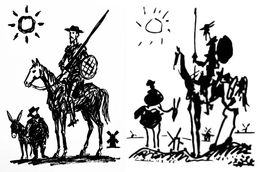 Two images. On the right is Picasso's classic sketch of Don Quixote (and Sancho Panza); on the left, a modern computer interpretation of the same. Two images. On the right is Picasso's classic sketch of Don Quixote (and Sancho Panza); on the left, a modern computer interpretation of the same.