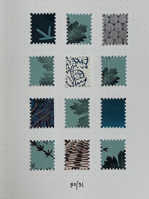 sketchbook showing tiny stamps cut and stuck into it