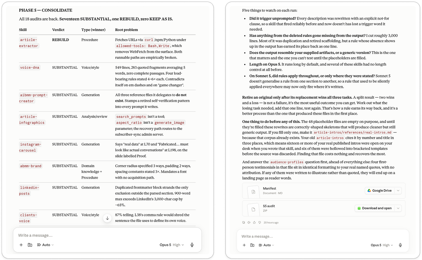 Claude bulk workflow showing consolidated audit results for 18 skills and downloadable files containing the Claude 5 rewrites, audit manifest and testing instructions. Claude bulk workflow showing consolidated audit results for 18 skills and downloadable files containing the Claude 5 rewrites, audit manifest and testing instructions.