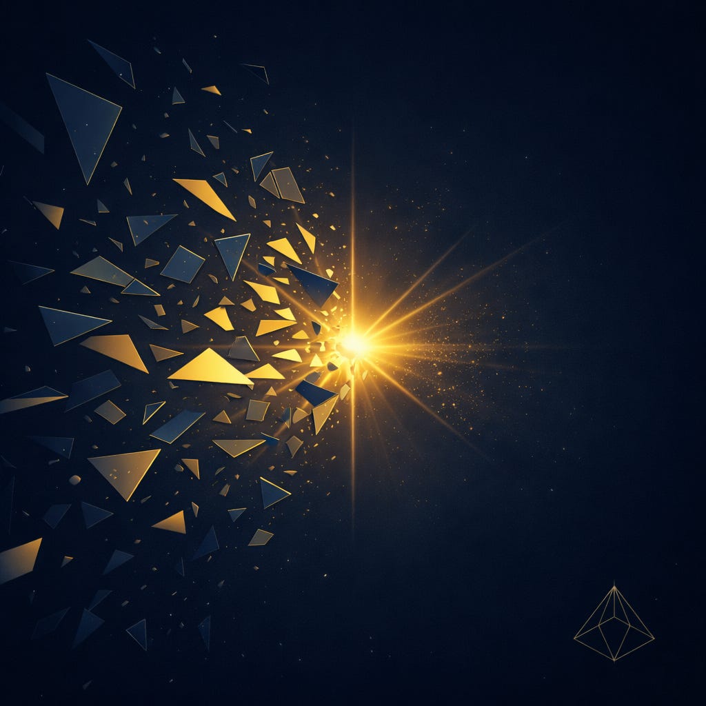 The Visible Practitioner GEO strategy image February 2026. Abstract geometric visualization of content fragments being synthesized representing AI retrieval at sub-document level.