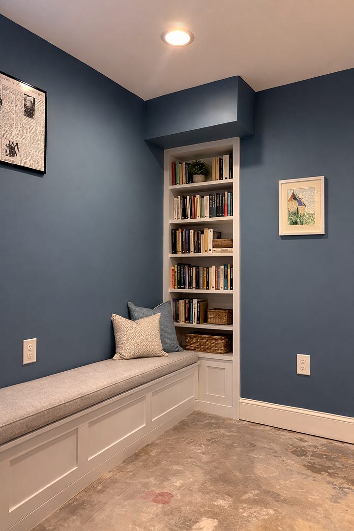 Four ai-generated images showing a cushioned reading bench and built-in bookshelf.