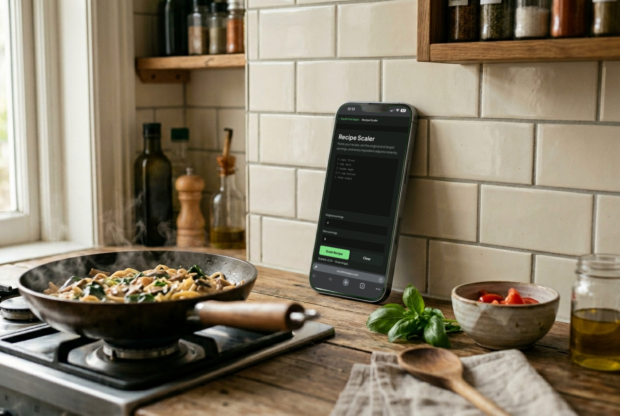 A close-up photograph taken at eye level shows an iPhone leaning against a cream-colored tiled backsplash on a wooden countertop in a kitchen setting. A wok on a gas stovetop contains noodles with greens and sliced mushrooms, with steam rising above it to the left. The iPhone's screen is on, displaying a cooking app titled "Recipe Scaler" in gray-colored text against a black background. Smaller white text on the screen reads, "Find new flavors. Cook something delicious today. Plan with our simple meal planner." Underneath the title is a list of recipes, with each line in white-colored text and followed by gray-colored text in parentheses and a check box on the left, such as "(Pasta)" followed by a green check box with "Mushroom and spinach pasta," "(Salads)" followed by "Tomato and basil salad," "(Sandwiches)" followed by "Avocado and egg sandwich," "(Soups)" followed by "Lentil and vegetable soup," "(Stir-Fries)" followed by "Chicken and broccoli stir-fry," and "(Tacos)" followed by "Taco salad bowl." To the right of the phone is a cluster of fresh basil leaves on the countertop, next to a small white ceramic bowl containing diced tomatoes. A wooden spoon lies on a folded striped towel next to the bowl. In the background on shelves, various spice bottles and jars are visible on the right, and more olive oil and other spice bottles are on the left. The scene is illuminated by natural light from a window on the left. A close-up photograph taken at eye level shows an iPhone leaning against a cream-colored tiled backsplash on a wooden countertop in a kitchen setting. A wok on a gas stovetop contains noodles with greens and sliced mushrooms, with steam rising above it to the left. The iPhone's screen is on, displaying a cooking app titled "Recipe Scaler" in gray-colored text against a black background. Smaller white text on the screen reads, "Find new flavors. Cook something delicious today. Plan with our simple meal planner." Underneath the title is a list of recipes, with each line in white-colored text and followed by gray-colored text in parentheses and a check box on the left, such as "(Pasta)" followed by a green check box with "Mushroom and spinach pasta," "(Salads)" followed by "Tomato and basil salad," "(Sandwiches)" followed by "Avocado and egg sandwich," "(Soups)" followed by "Lentil and vegetable soup," "(Stir-Fries)" followed by "Chicken and broccoli stir-fry," and "(Tacos)" followed by "Taco salad bowl." To the right of the phone is a cluster of fresh basil leaves on the countertop, next to a small white ceramic bowl containing diced tomatoes. A wooden spoon lies on a folded striped towel next to the bowl. In the background on shelves, various spice bottles and jars are visible on the right, and more olive oil and other spice bottles are on the left. The scene is illuminated by natural light from a window on the left.