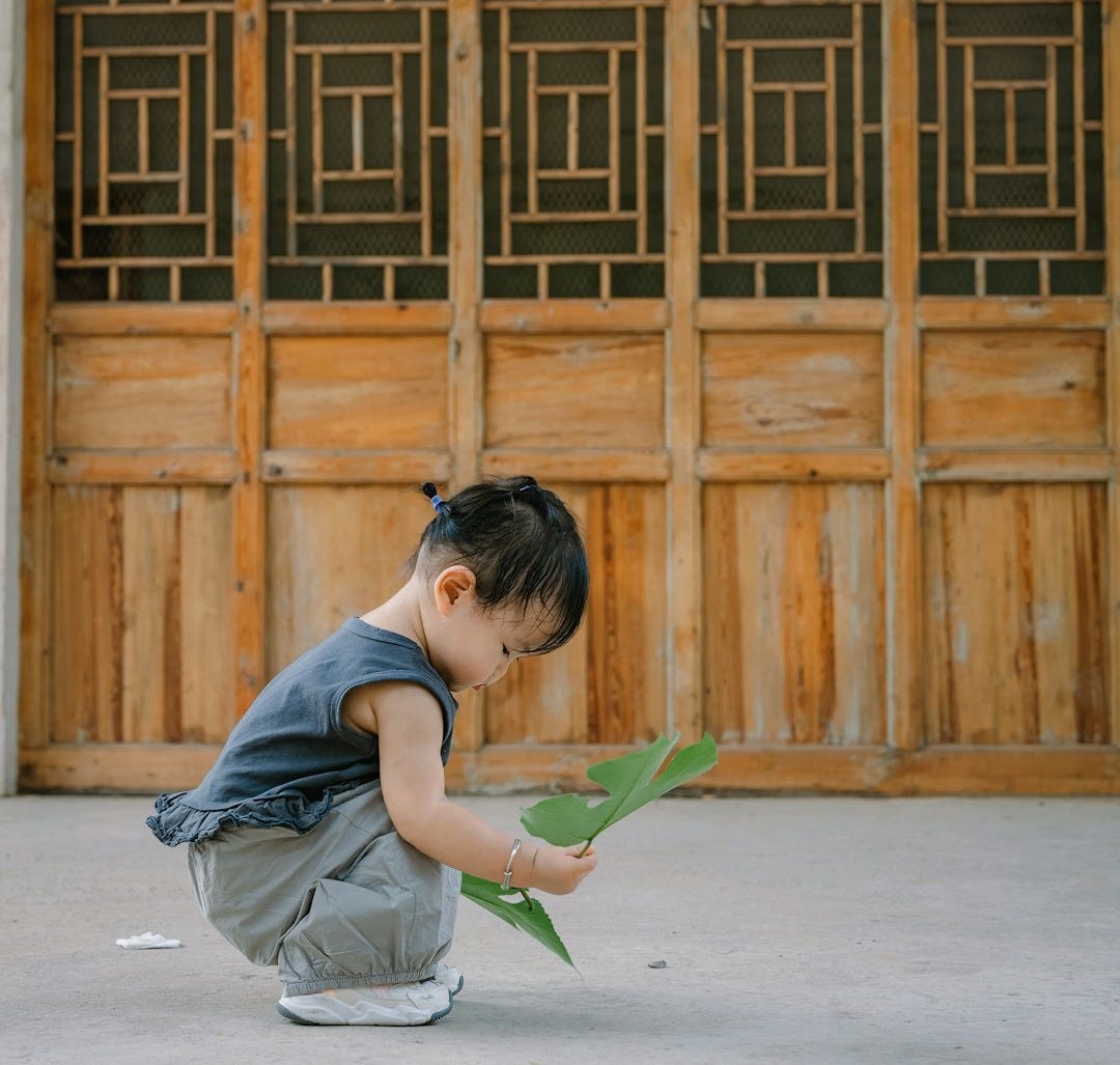 Young child crouches, examining a large green leaf.