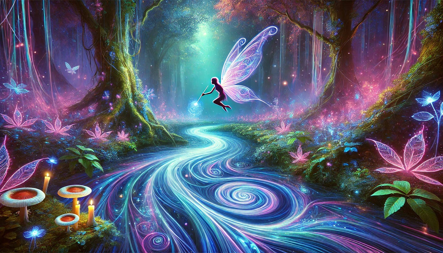 A high-resolution, wide aspect ratio image of a magical scene featuring a fairy painting patterns in the river of time. The scene is set in an ethereal, mystical forest with vibrant, glowing colors. The river flows through the center, its waters shimmering with iridescent hues of blue, purple, and pink. The fairy, delicate and luminous, hovers above the water, using a glowing brush to create intricate, swirling patterns that seem to change and flow with the river. The forest is filled with magical plants, bioluminescent foliage, and soft, ambient light, creating an enchanting and otherworldly atmosphere.
