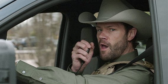 Jared Padalecki Walker calling all units to chase Serano 2.09. Jared Padalecki Walker calling all units to chase Serano 2.09.