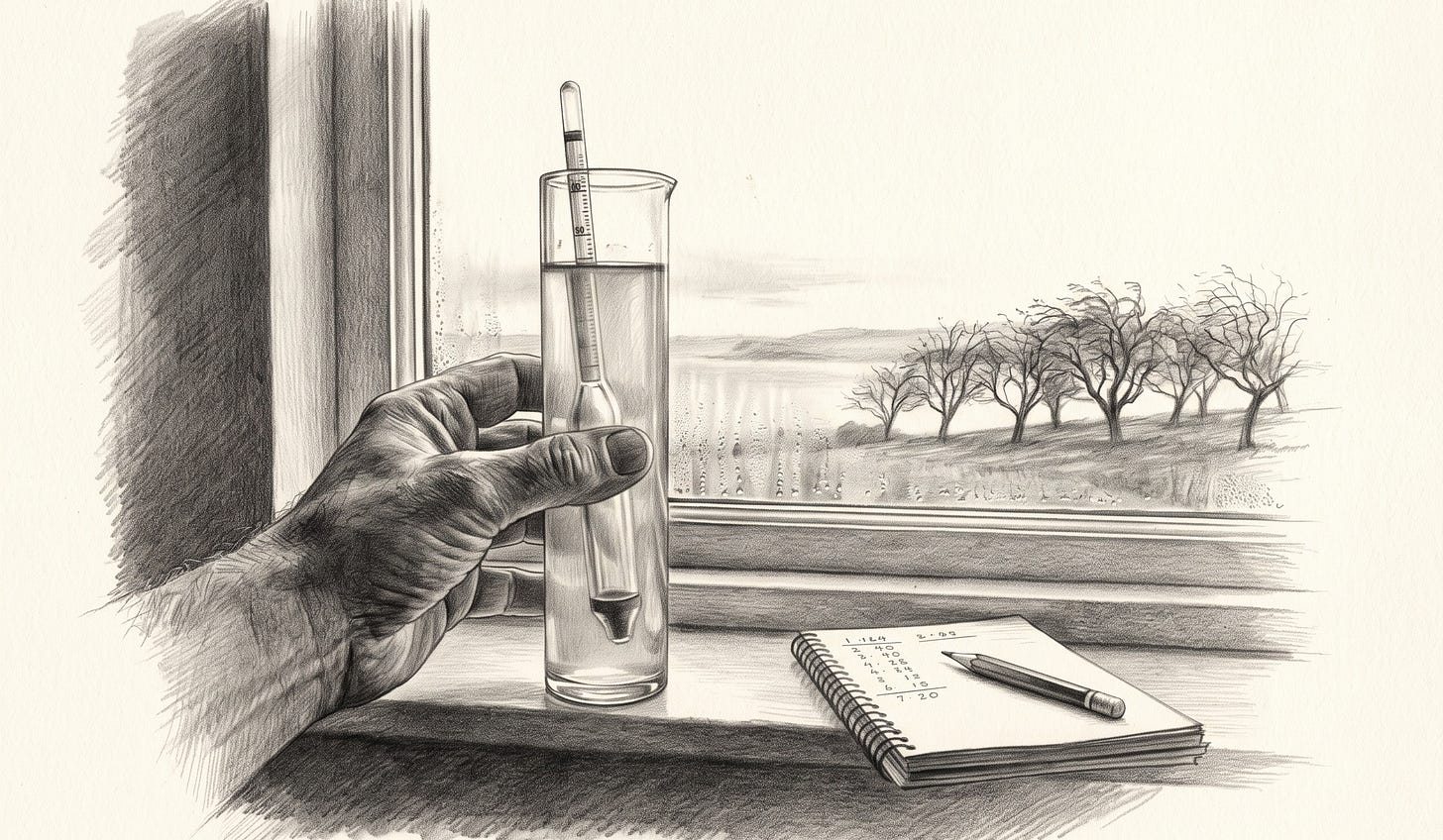 man holding a hydrometer to a window. man holding a hydrometer to a window.