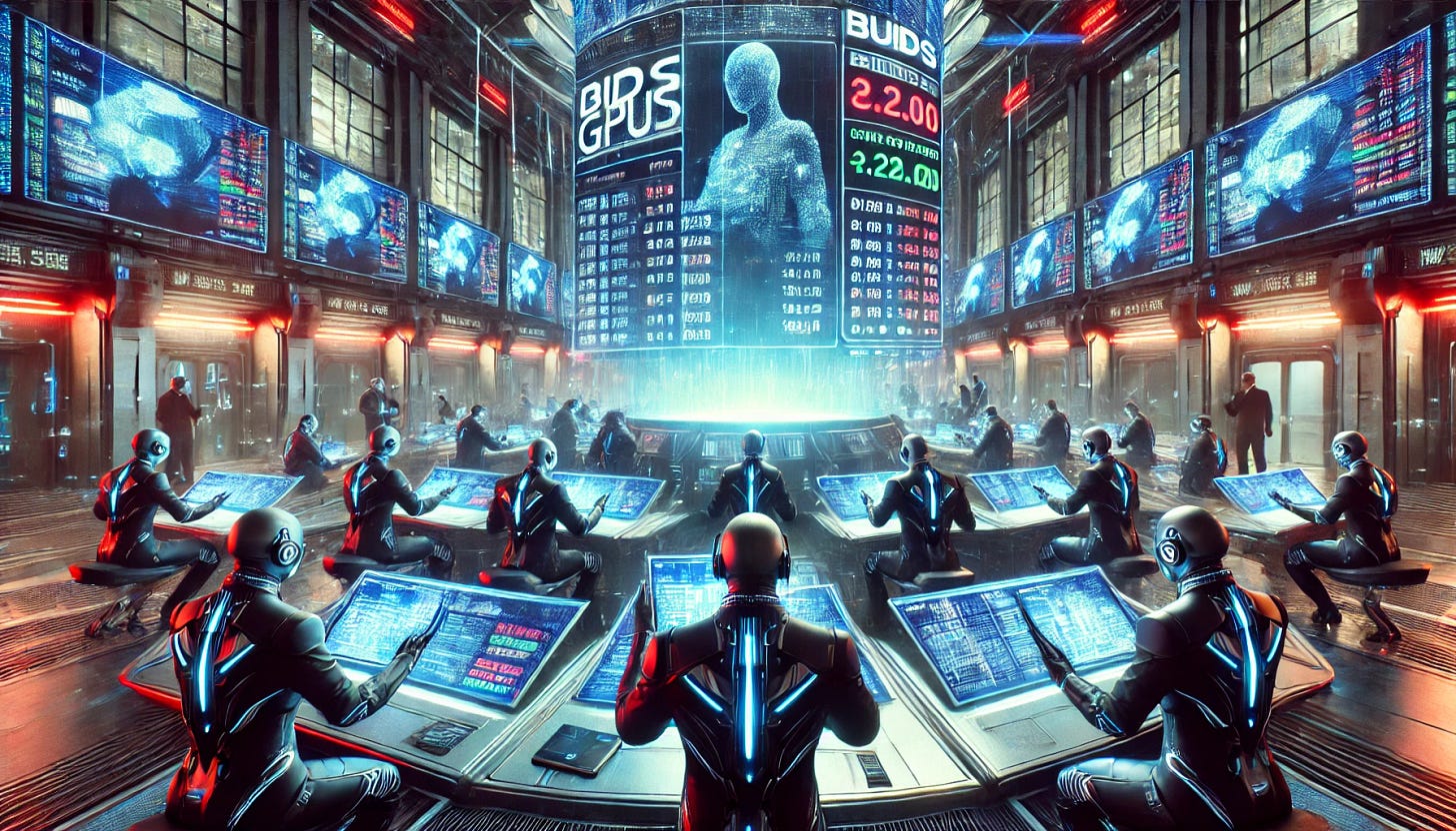 A futuristic open outcry auction at a high-tech trading floor, inspired by the London Metal Exchange (LME) or New York Stock Exchange (NYSE). Traders in sleek, cyberpunk-style business attire shout bids and wave electronic tablets, competing to buy and sell GPUs and computing capacity. Large holographic screens display fluctuating prices of graphics cards and cloud computing power. The environment is illuminated with neon blue and red lights, with robotic assistants assisting traders. The setting is dynamic and energetic, capturing the tension of high-stakes technology trading.