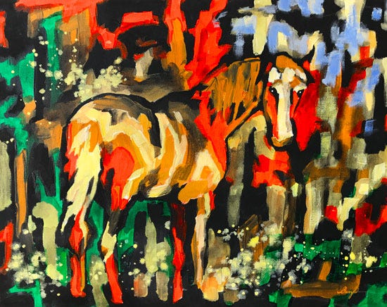 Abstract painting of a horse with fantasy bright colours, by Cheryl O Art