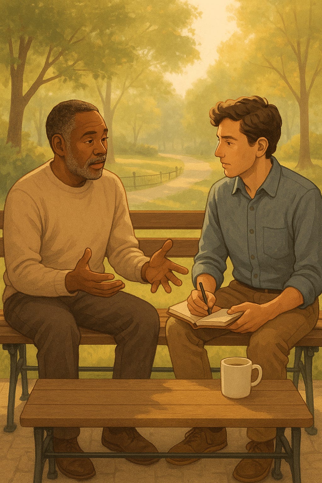 Two people sitting across from each other in a quiet, natural setting—a park bench, a small café, or a sunlit office. 