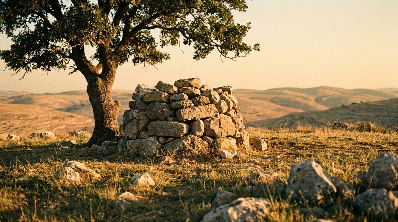 A rough altar of piled uncut stones on a bare hilltop beside a single large oak tree at dawn, wide empty landscape beyond, soft warm light