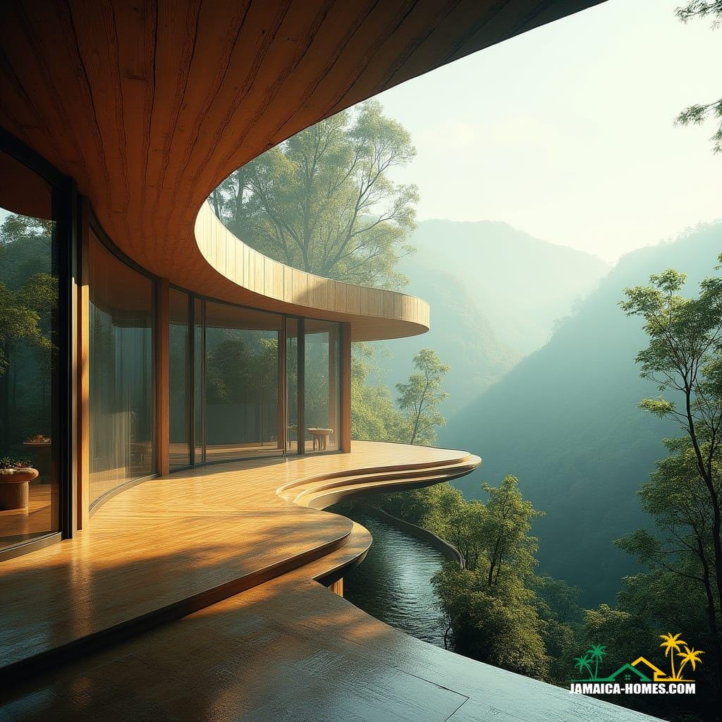 A modern eco-futuristic mountain-top church, crafted from sustainable bamboo, stone, and glass, crowns the misty Blue Mountains above a forest canopy. Sunlight streams through expansive glass walls, casting vibrant rainbow reflections upon polished wood floors. Integrated waterfalls and natural springs flow through open-air prayer terraces envisioned to face rolling green hills. This mystical spiritual eco-modern masterpiece is presented as a cinematic film still, shot on v-raptor XL, featuring film grain, a vignette, rich color grading, post-processing, dramatic cinematic lighting, 35mm film aesthetic, live-action feel, best quality, an atmospheric masterpiece, epic and stunning.