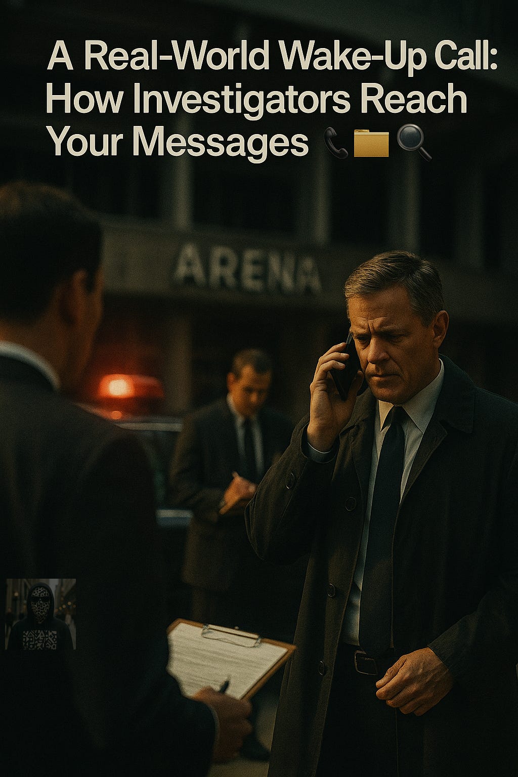 Three men in suits stand outside a building marked “ARENA.” Text over the image reads “A Real-World Wake-Up Call: How Investigators Reach Your Messages,” with phone, folder, and magnifying glass emojis. One man uses a cell phone while another holds a clipboard, suggesting real-world investigative scenarios where authorities or others may access private messages. The atmosphere is urgent and authoritative.