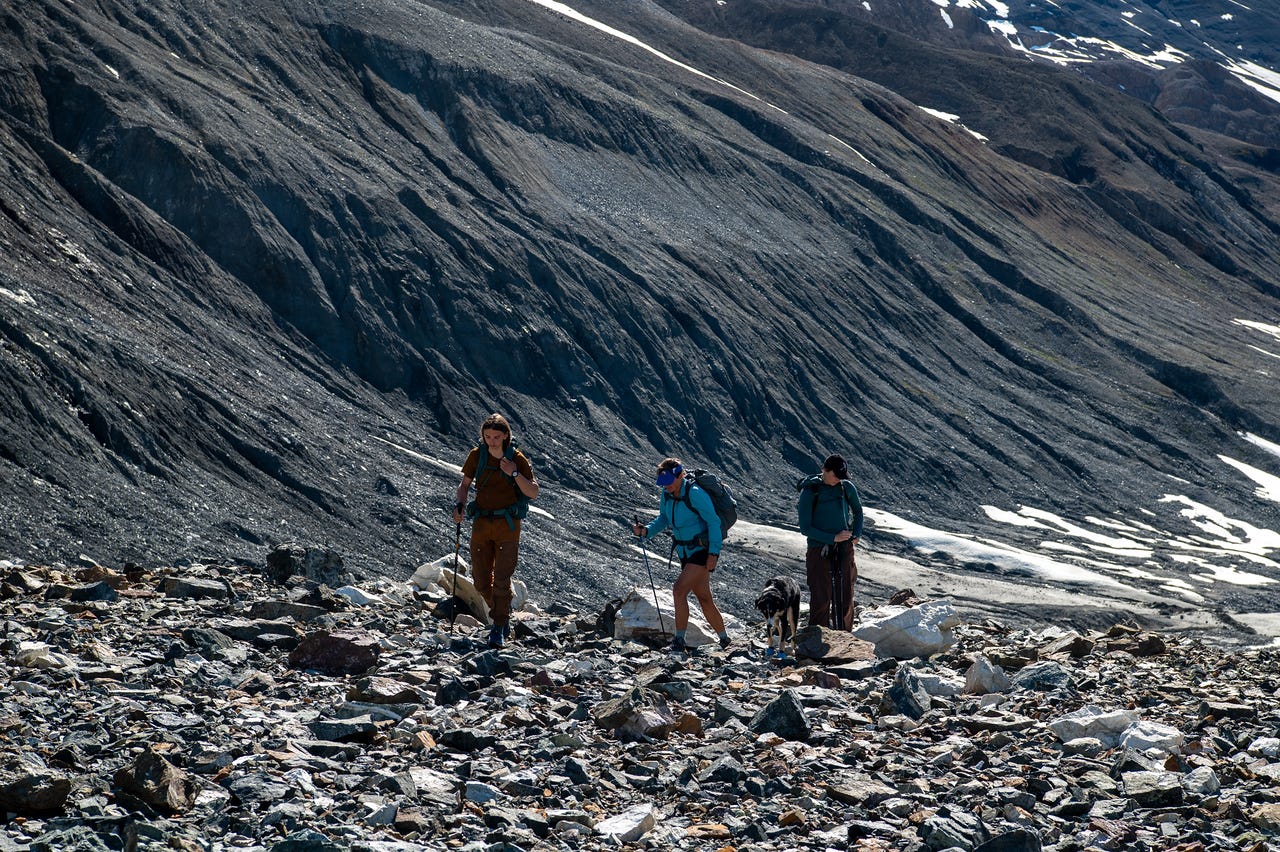 Three hikers with packs and trekking poles climb a slope of pale, jumbled rock debris, a black-and-white dog picking its way among them. Behind and above rises a vast, dark moraine face grooved with near-vertical furrows and streaked with old snow, filling the frame in bright sun.