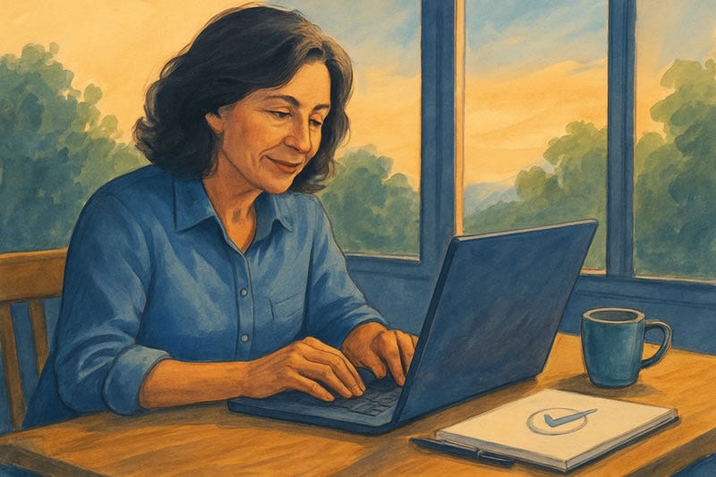 Ilustración digital realista de una mujer senior trabajando concentrada en su portátil en un ambiente cálido y natural, representando el proceso de transformar tu talento en un proyecto digital inspirador y lleno de propósito.