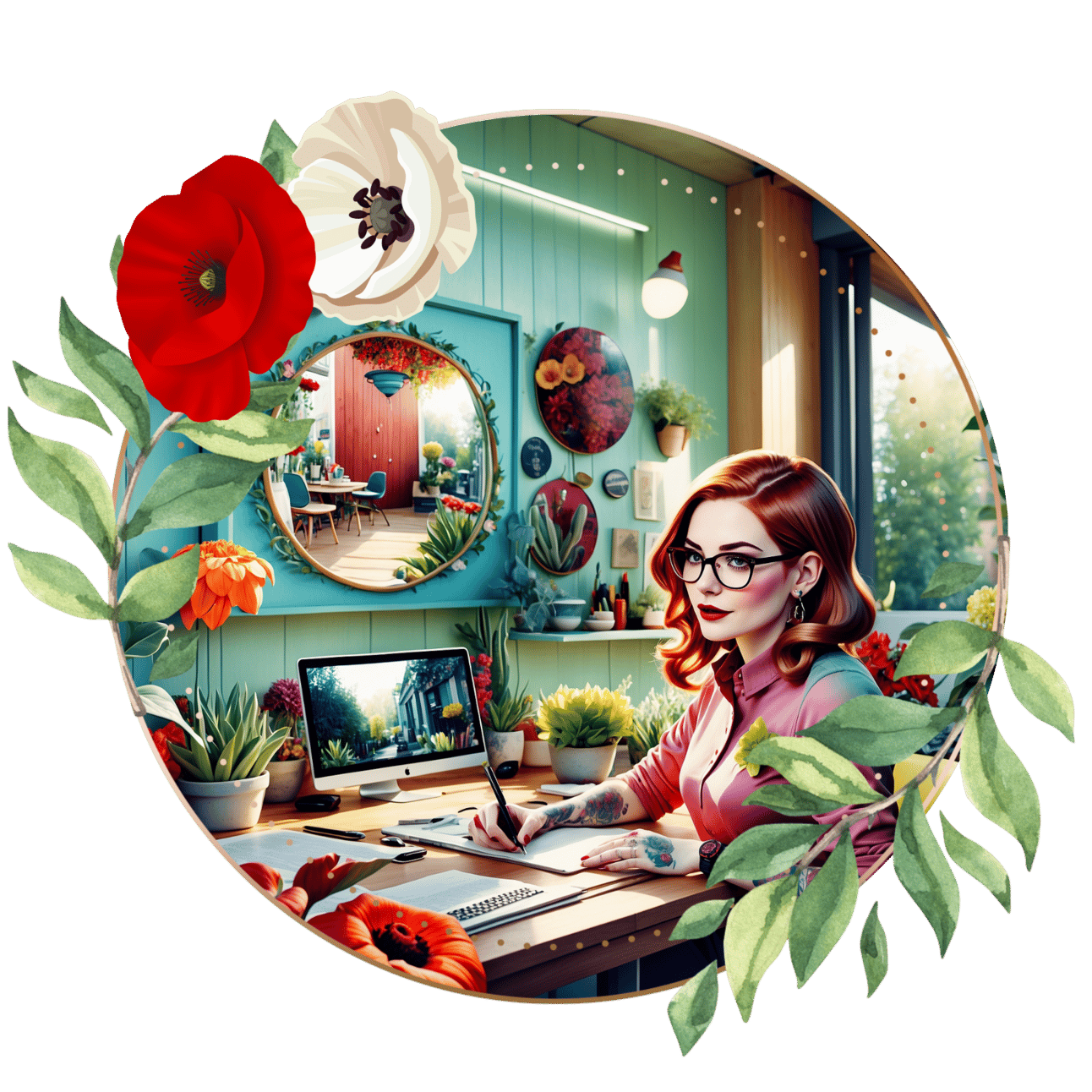 An image of a smart woman in her greenhouse, there are red poppies around her and she has red hair that frames her face 