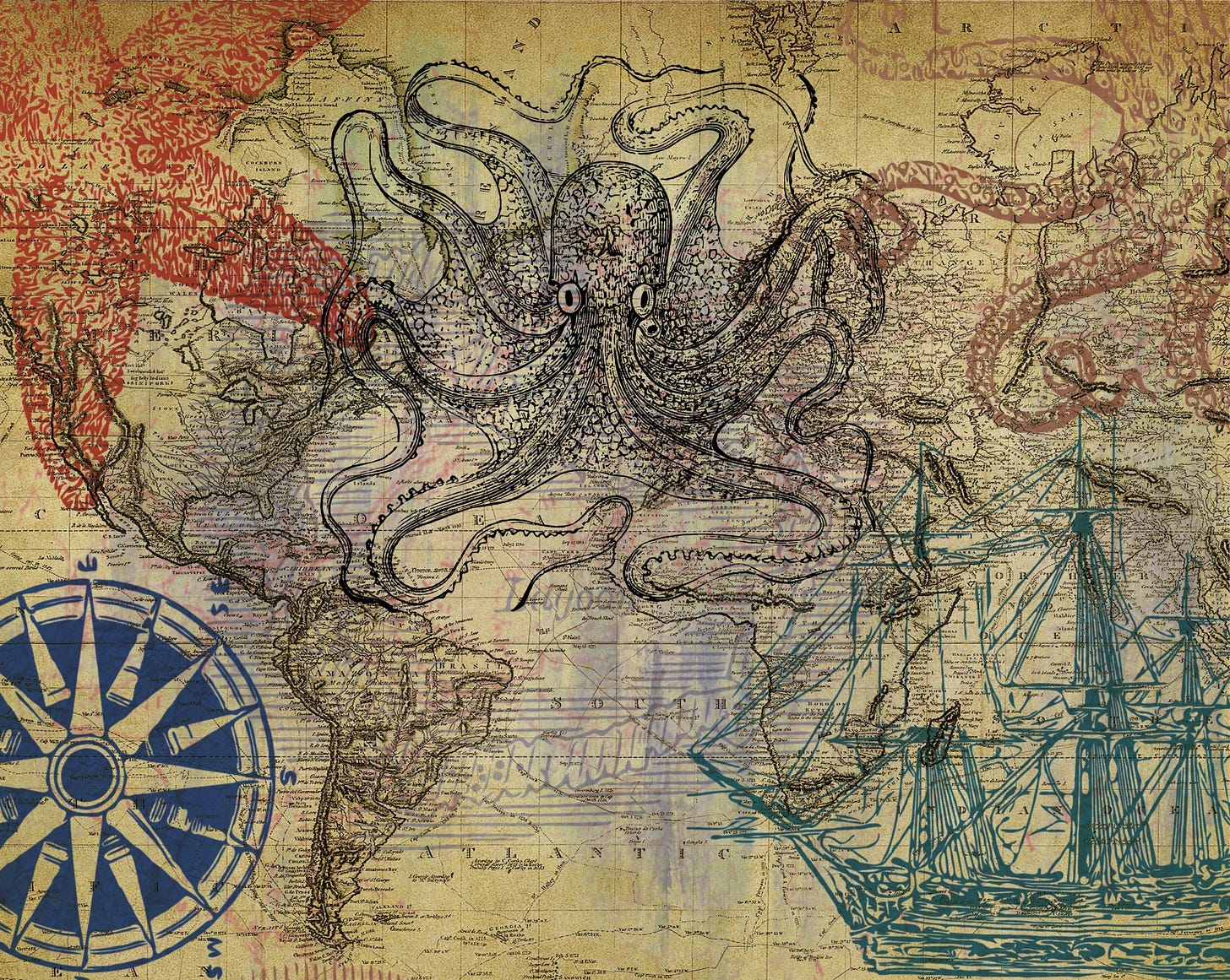 Vintage Map, Ship And Octopus Vintage Map, Ship And Octopus