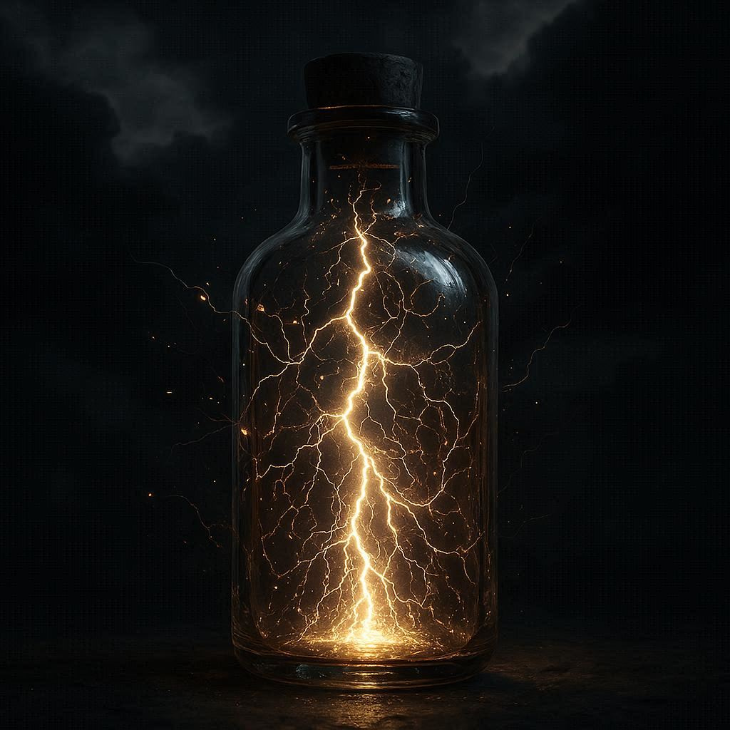A dramatic, high-contrast image of a glass bottle glowing with captured lightning inside, sparks and electric arcs swirling within the bottle. Dark stormy background with faint thunderclouds, cinematic lighting, surreal and powerful atmosphere. Hyper-realistic style.