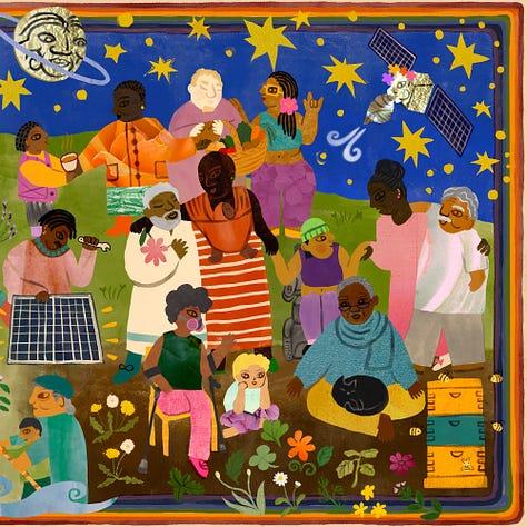 A colorful illustrated triptych showing people actively resisting injustice, resting, and coming together to build a thriving, sustainable, and beautiful world together.
