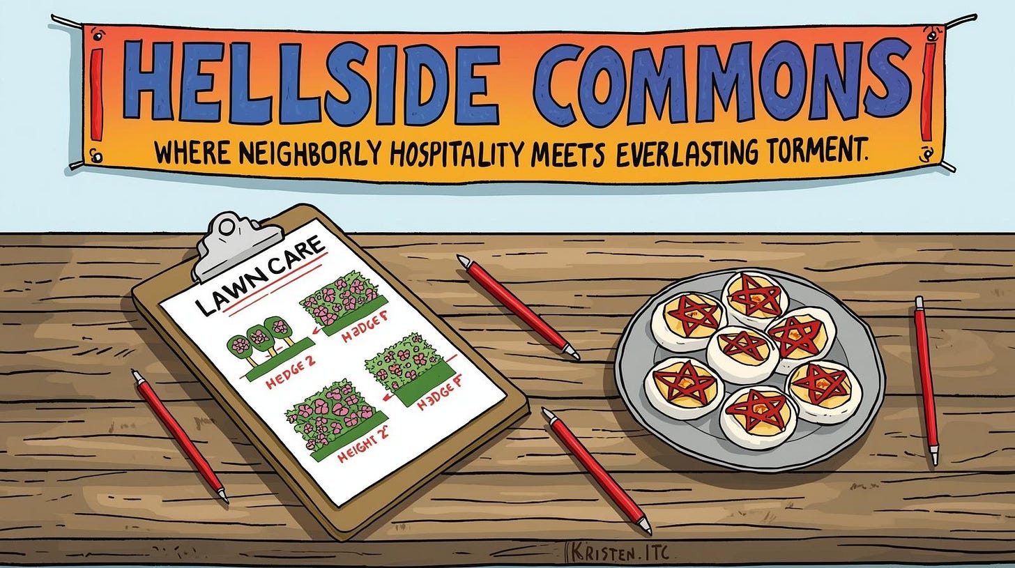 A brightly colored, comedic illustration shows a wooden table positioned beneath a cheerful banner that reads “HELLSIDE COMMONS – Where Neighborly Hospitality Meets Everlasting Torment” in a font resembling Kristen ITC. On the table: a clipboard labeled “LAWN CARE” displaying absurdly detailed hedge diagrams marked with red ink, three red pens, and a plate of deviled eggs topped with paprika pentagrams. The scene radiates terrifying suburban cheer with a hint of cultish HOA menace.