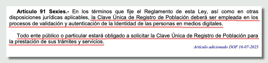 Artículo 91 Sexties de la Ley General de Población, sobre la obligatoriedad de pedir la CURP biométrica en la prestación de trámites y servicios públicos y privados.
