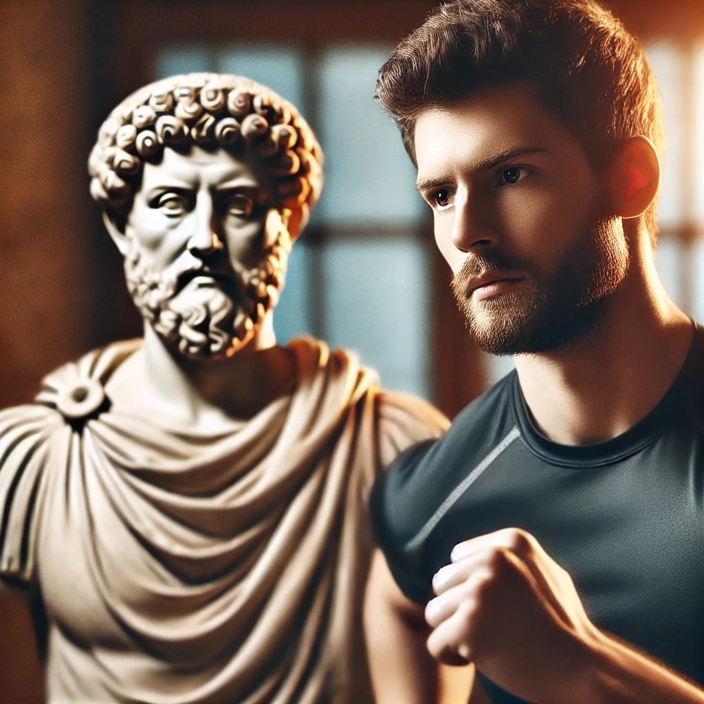 A man training in a gym with a focused and disciplined expression. In the blurred background, a statue of Marcus Aurelius symbolizes the philosophical inspiration of Stoicism. The image conveys a sense of self-improvement and personal strength.