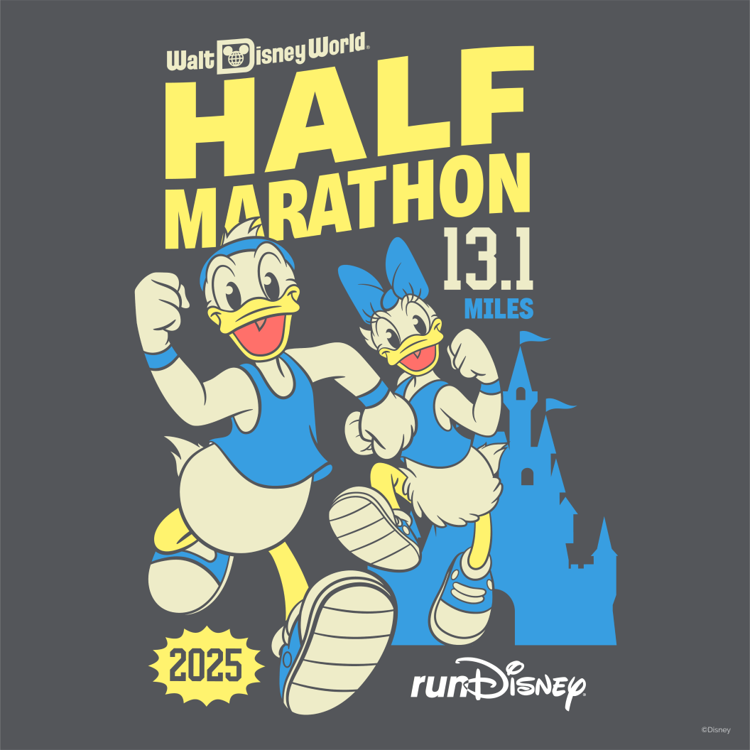Logo for Walt Disney World 2025 Half Marathon featuring Donald Duck and Daisy Duck running