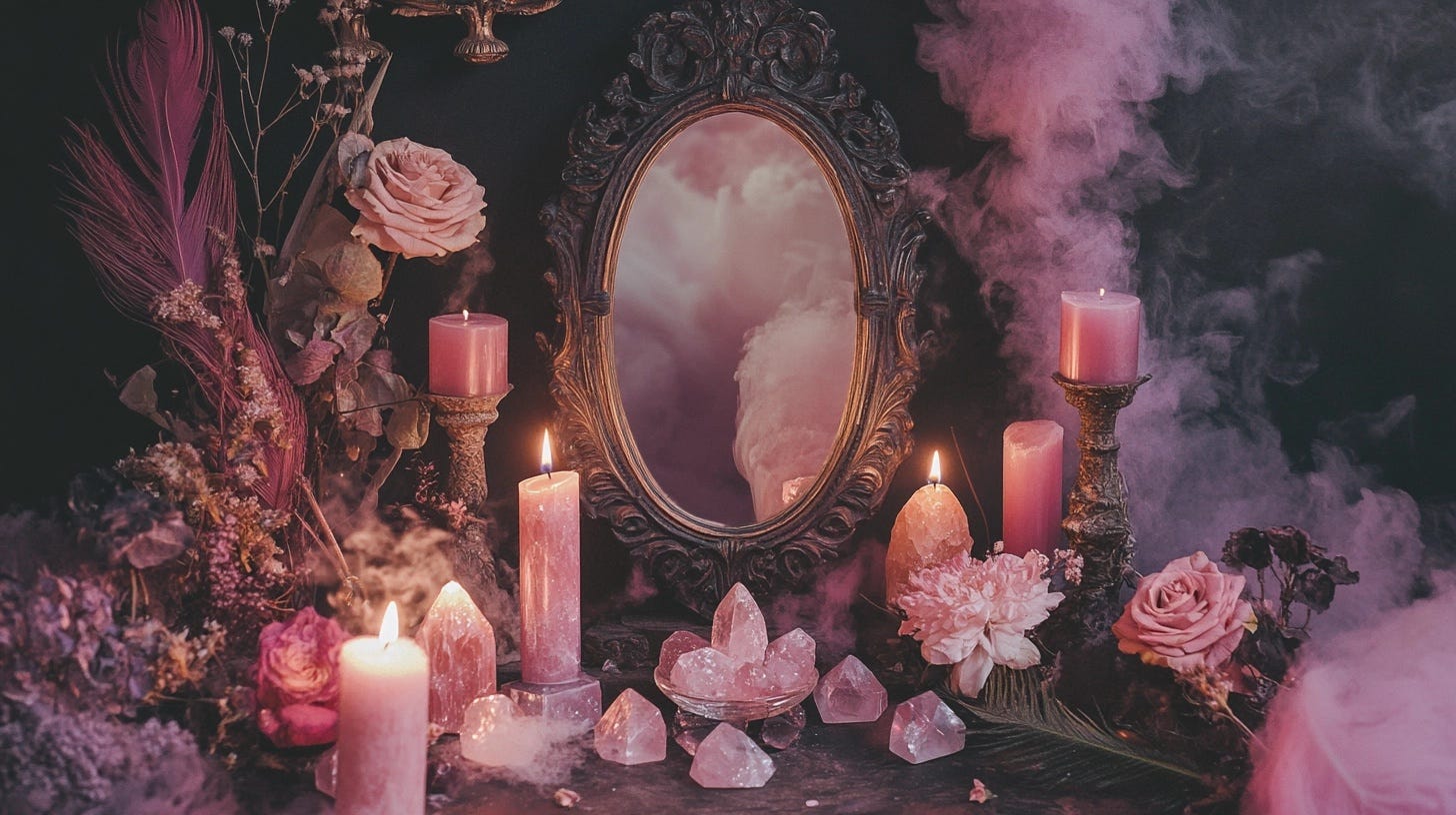 Mystical vanity setup with rose quartz crystals, ornate mirror, and ritual candles for self-love magic