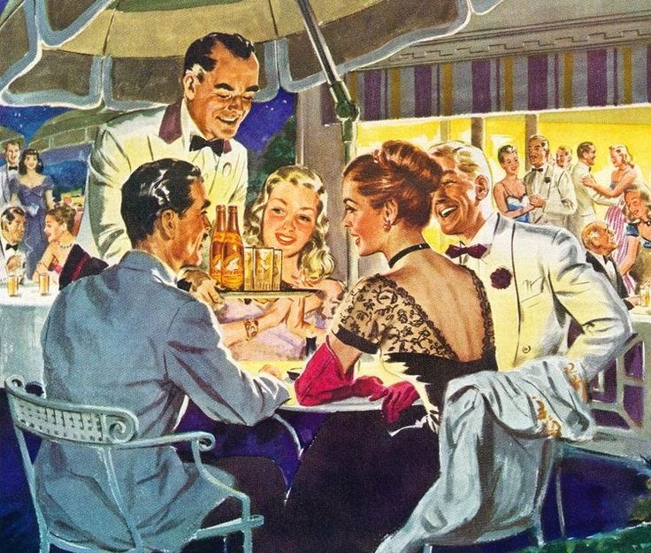 This may contain: a painting of men and women sitting at a table with drinks in front of them