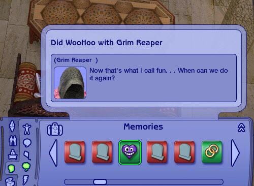 A screenshot of Olive Specter's Memories panel, where she is recorded as having a memory of "Did WooHoo with the Grim Reaper" A screenshot of Olive Specter's Memories panel, where she is recorded as having a memory of "Did WooHoo with the Grim Reaper"