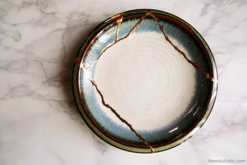 A plate that has been repaired by kintsugi.