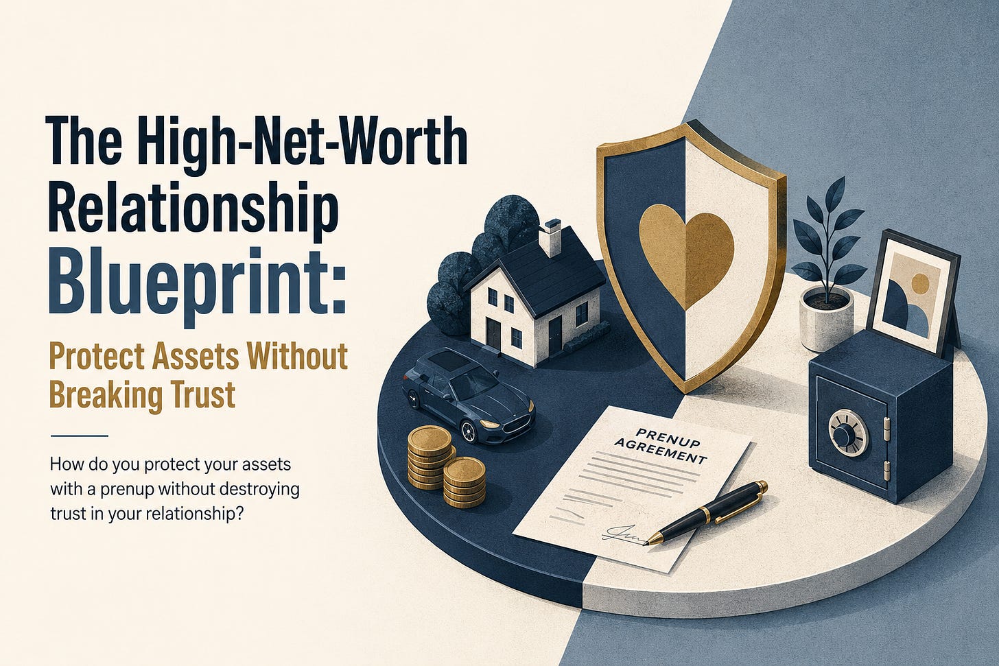 Editorial illustration showing a balanced shield with a heart protecting a home, luxury car, safe, investments, and a prenuptial agreement, symbolizing how a prenup can protect assets while preserving trust in a relationship. The headline reads, “The High-Net-Worth Relationship Blueprint: Protect Assets Without Breaking Trust.”