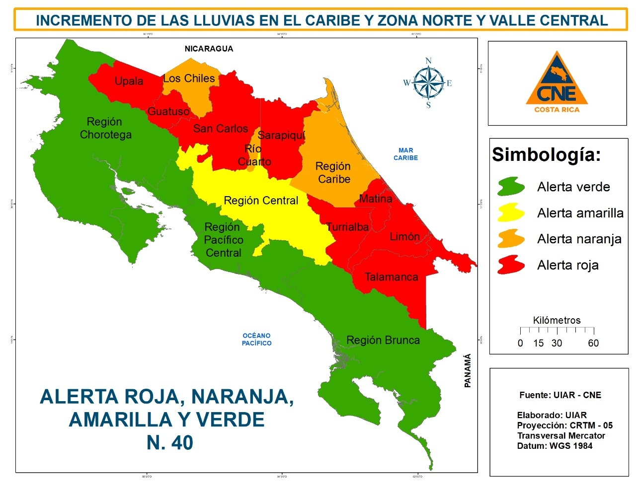 May be an image of map and text that says 'INCREMENTO DE LAS LLUVIAS EN EL CARIBE Y ZONA NORTE Y VALLE CENTRAL NICARAGUA Upala os Chiles Región Chorotega Guatuso San Carlos Sarapiqui Río Cuarto CNE COSTA RICA MAR CARIBE Región Caribe Matina Región Central Región Pacífico Central Simbología: Alerta verde Turrialba Limón Alerta amarilla Alerta naranja Talamanca Alerta roja OCEANO PACÍFICO Región Brunca Kilómetros 0 15 30 60 ALERTA ROJA, NARANJA, AMARILLA Y VERDE N. 40 Fuente: Fune:IAR-CNE Elaborado: UIAR CRTM- 05 Transversal Mercator Datum: WGS 1984'