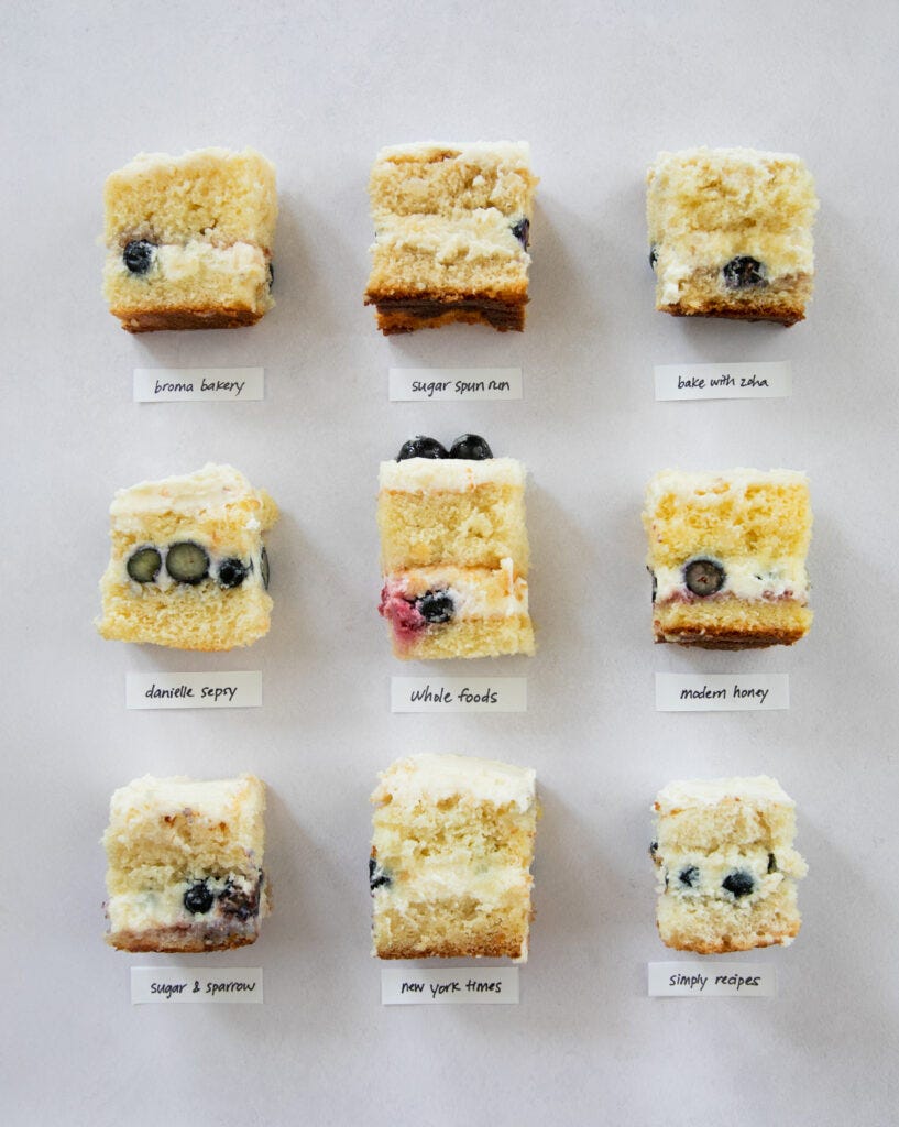 9 squares of different berry chantilly cake recipes on a gray background.