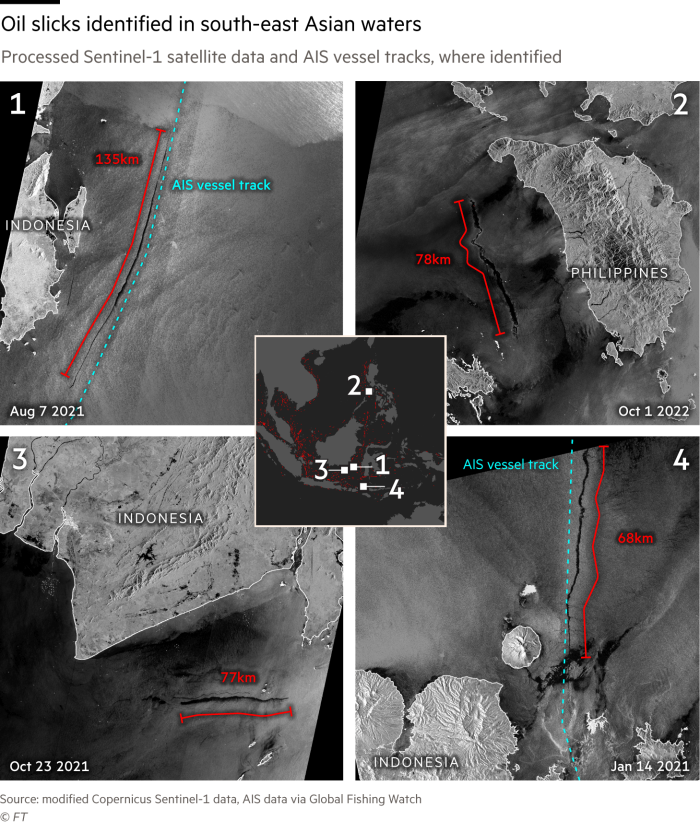 Sentinel-1 satellite images showing four oil slicks in south-east Asian waters. Captured between 2021 and 2022.