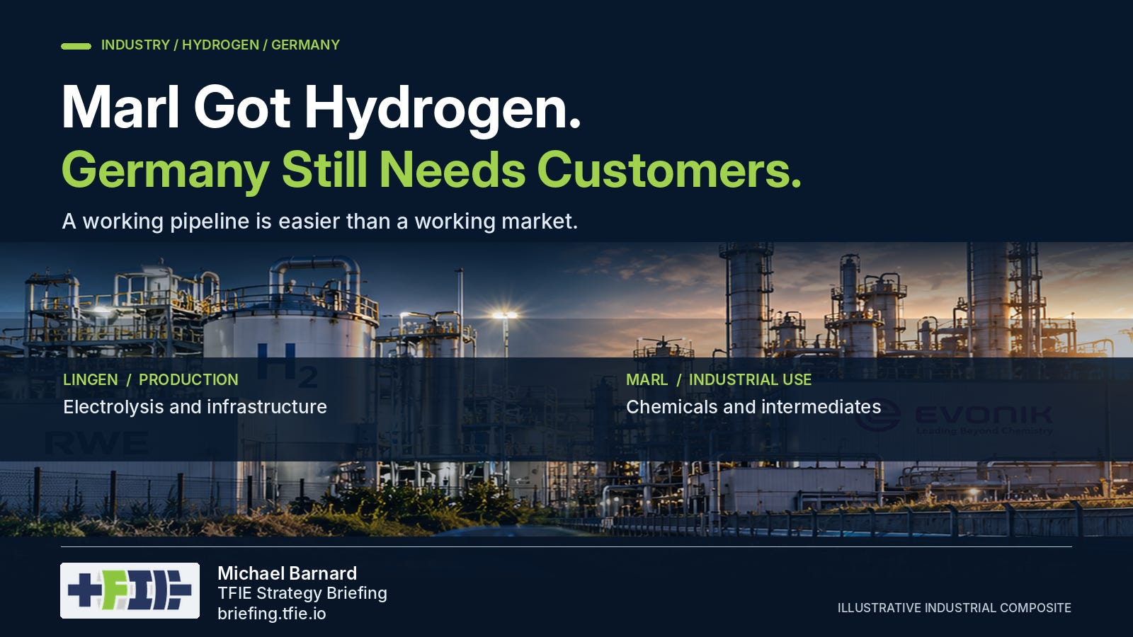 Illustration of a German chemical complex with hydrogen pipeline infrastructure and TFIE Strategy Briefing branding. Illustration of a German chemical complex with hydrogen pipeline infrastructure and TFIE Strategy Briefing branding.