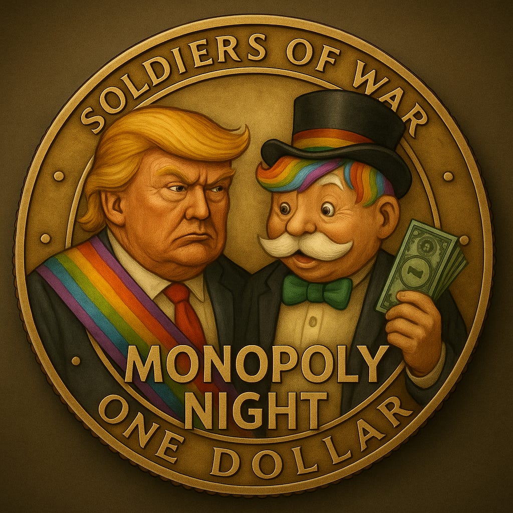 Soldiers of War, Monopoly Night, $1.00.  It's a rainbow scarf over Trump and the Monopoly figure holding dollars, acting as a satirical mockery of the dollar.