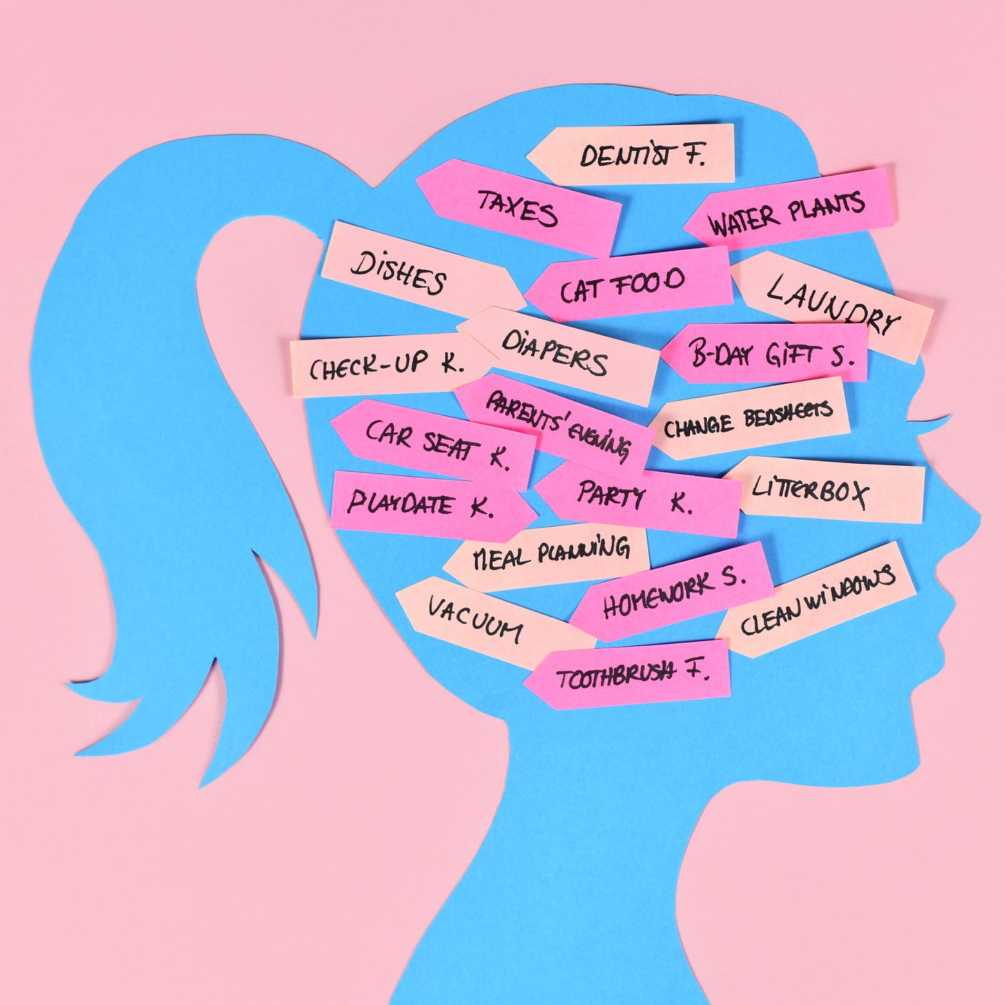 Vrouw met hoofd vol post-its als beeld voor ruis, verwachtingen en gedachten rondom abortus en autonomie.