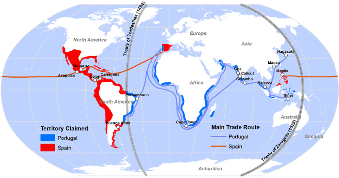 Territory claimed by Spain and Portugal due to Treaties of Tordesillas and Zaragoza