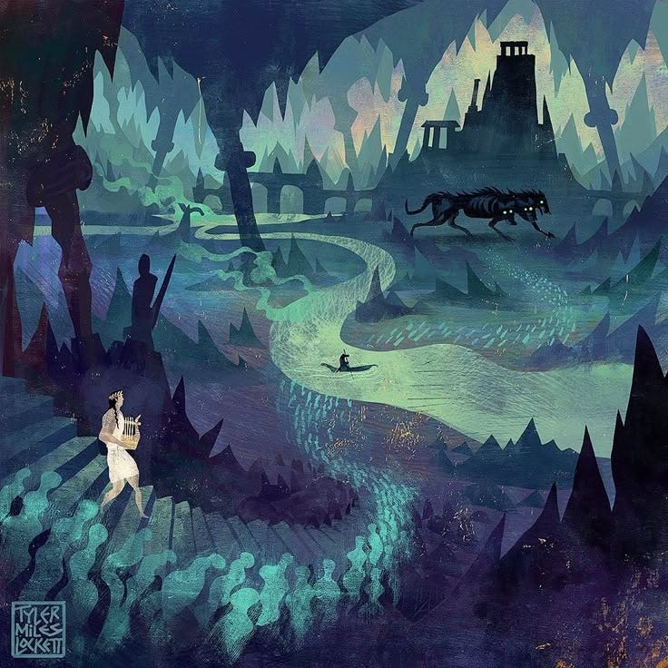 Atmospheric illustration of a mythological underworld in blue and green tones, showing a white-robed figure descending stone steps towards a glowing river, a lone boat, a dark hound and a distant castle surrounded by jagged mountains. Atmospheric illustration of a mythological underworld in blue and green tones, showing a white-robed figure descending stone steps towards a glowing river, a lone boat, a dark hound and a distant castle surrounded by jagged mountains.
