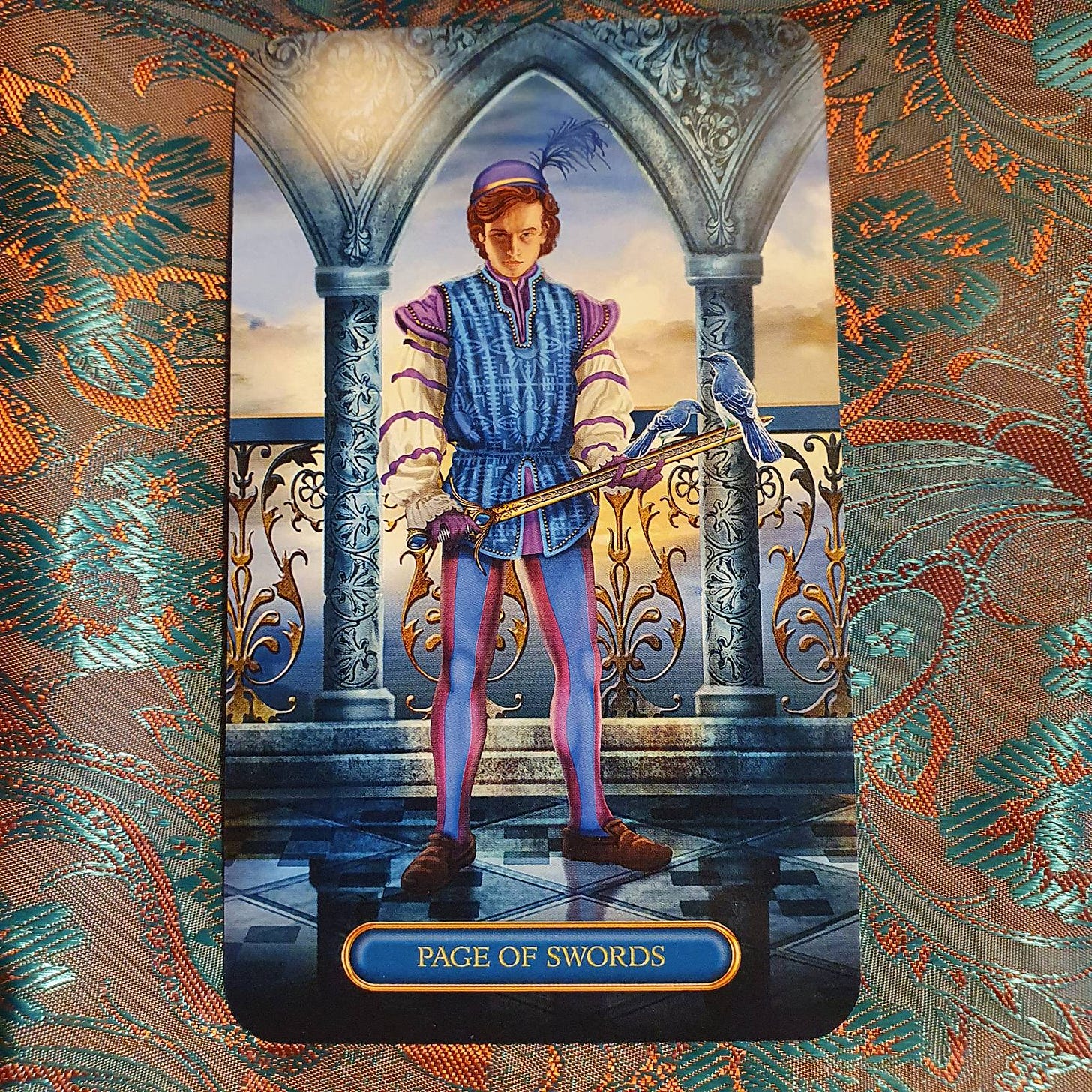 The Page of Swords card on a patterned teal and orange background The Page of Swords card on a patterned teal and orange background