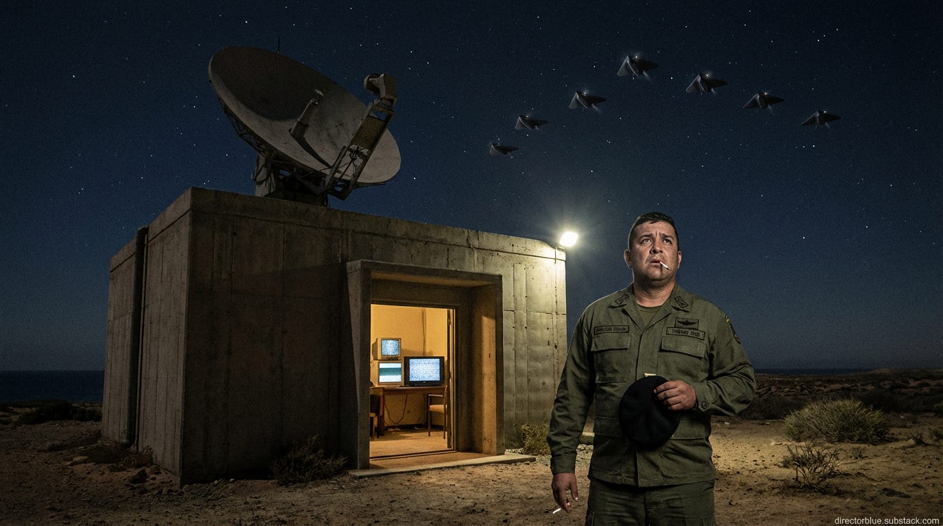 Cinematic 16x9 photographic composition exterior of Venezuelan coastal radar station at night brutalist concrete building with large rotating radar dish frozen mid-sweep against starlit sky Sergeant Eduardo Vega 40s stocky Venezuelan militar_image_1