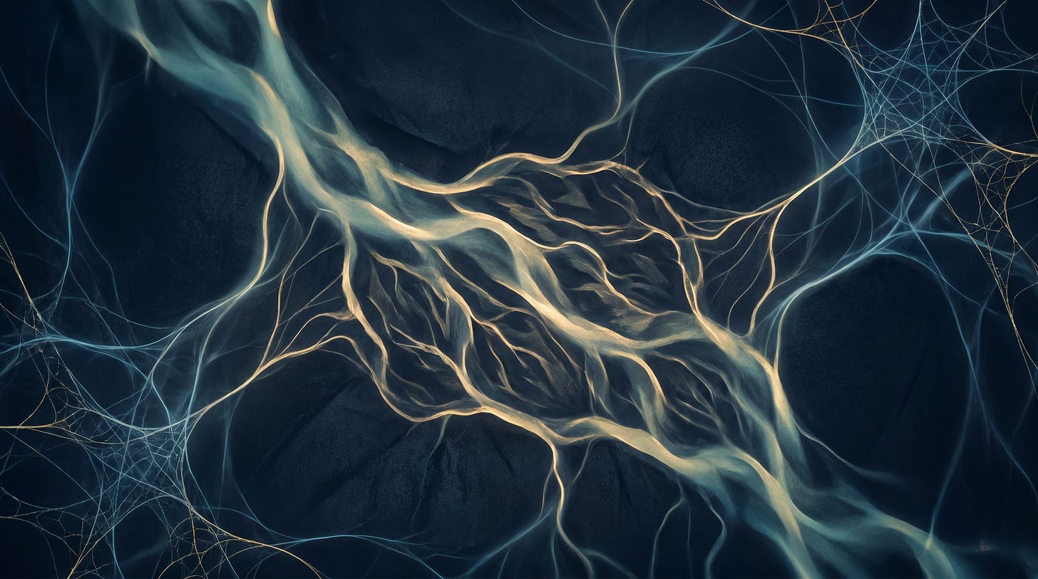 Abstract geological strata in midnight navy, teal, and muted gold with a thin gold fracture line running through compressed layers, representing years of accumulated weight, obligation, and silence held inside a body.