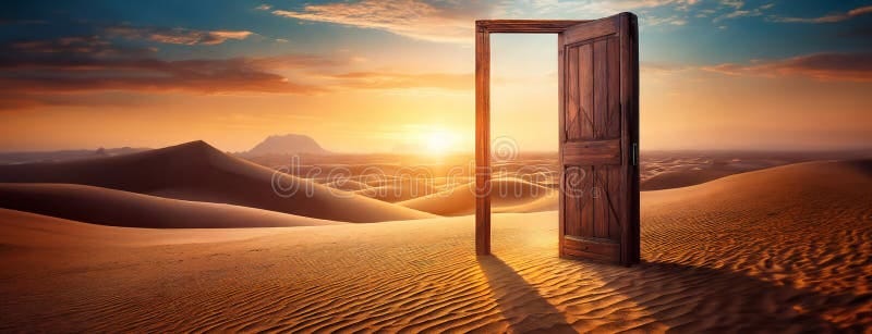 An Open Doorway Stands Alone in the Vastness of a Desert at Sunrise. a  Surreal Scene Depicts a Solitary Door in Sand Stock Photo - Image of vast,  possibility: 314485026