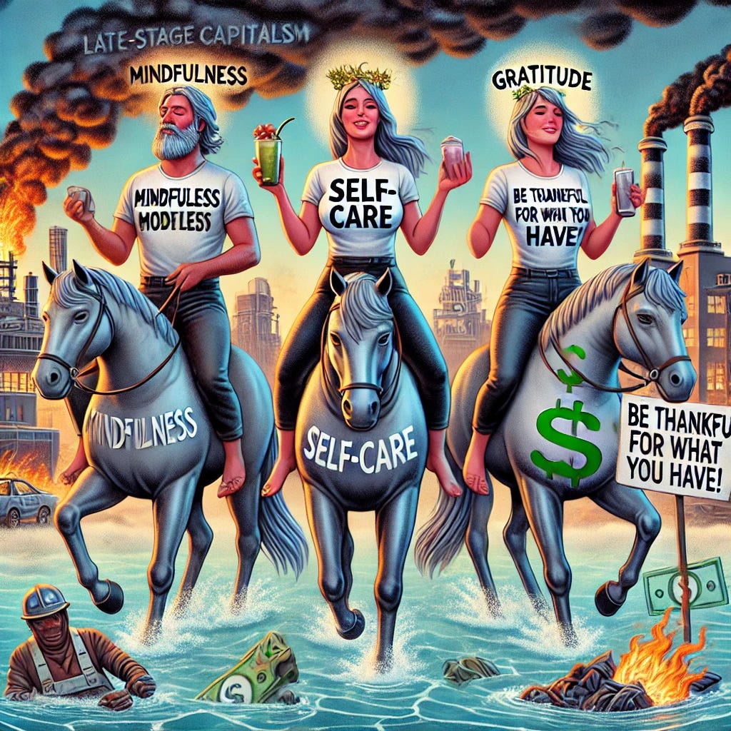 A satirical digital illustration depicting the "Three Horsemen of Late-Stage Capitalism’s Apocalypse": Mindfulness, Self-Care, and Gratitude. Each horseman is dressed in corporate wellness aesthetics—flowy yoga pants, motivational quote t-shirts, and serene smiles—riding sleek, modern horses branded with dollar signs. "Mindfulness" meditates while ignoring a burning factory in the background. "Self-Care" lounges in a bubble bath, sipping an expensive smoothie, blind to workers protesting nearby. "Gratitude" holds a sign that says, "Be thankful for what you have!" while standing on a pile of crushed wage slips. The scene is drenched in artificial calmness, clashing with the dystopian reality just outside their bubble.